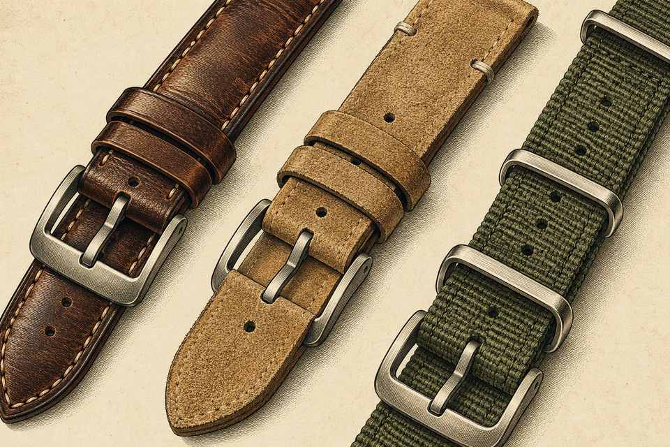 Leather, suede and nylon watch straps