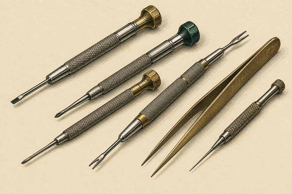 Watchmaker’s screwdrivers, a spring bar tool and tweezers